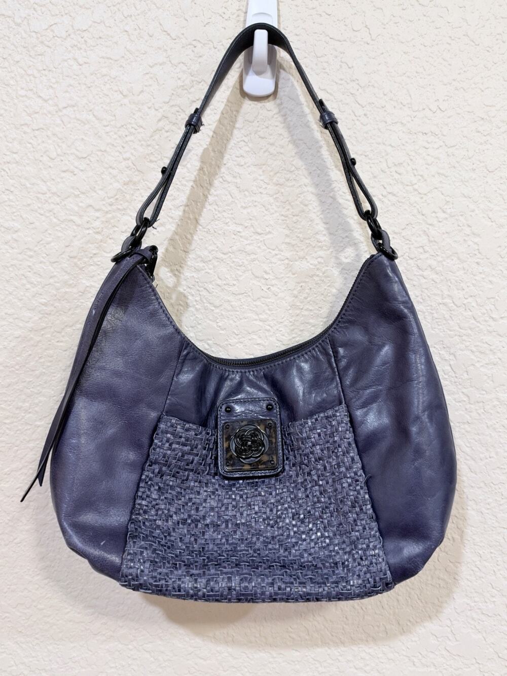 Blue Leather Elliott Lucca Woven Hobo Shoulder Bag Vintage Crescent Purse
